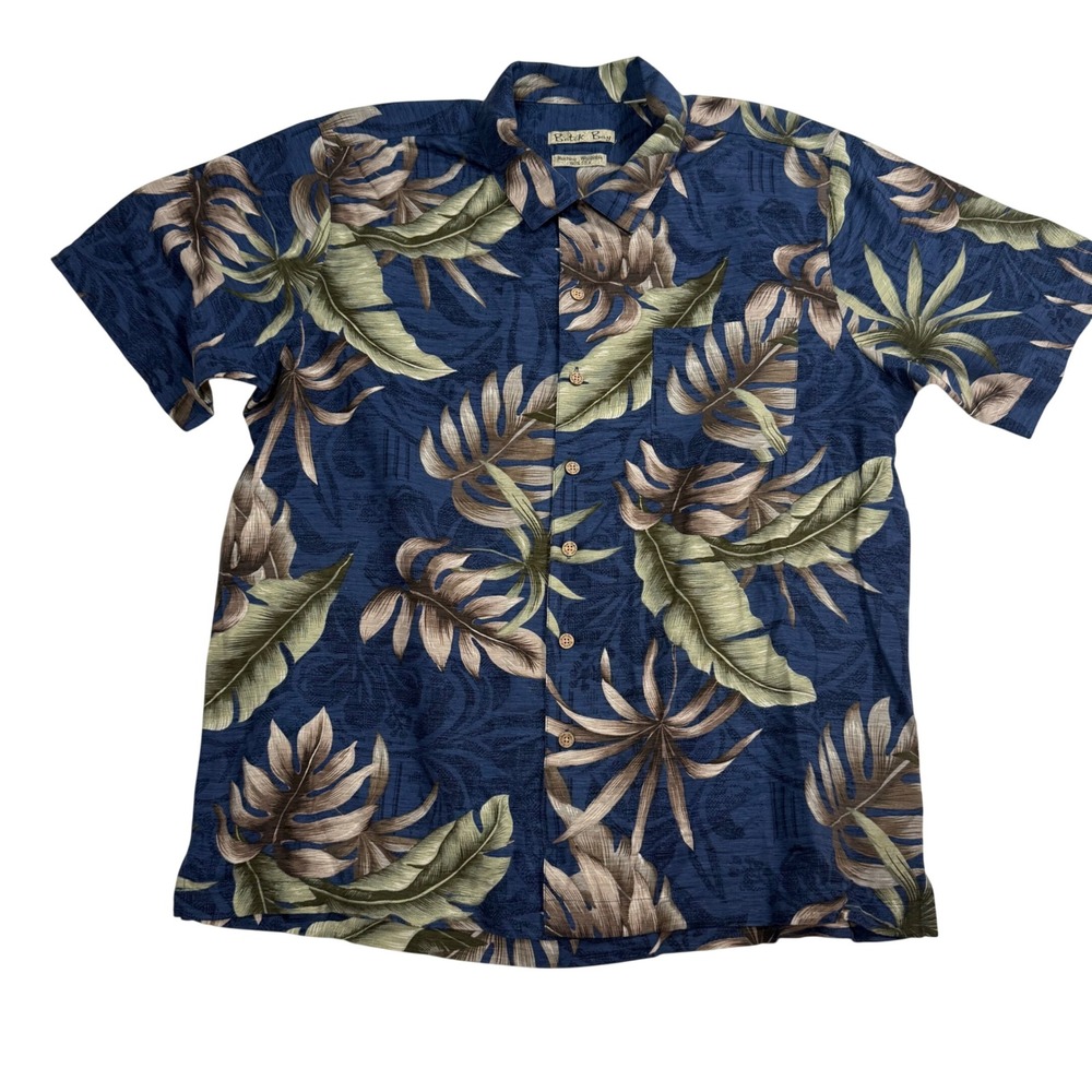 Batik Bay Mens Blue Tropical Leaf Print 100% Silk Short Sleeve Aloha Shirt XL